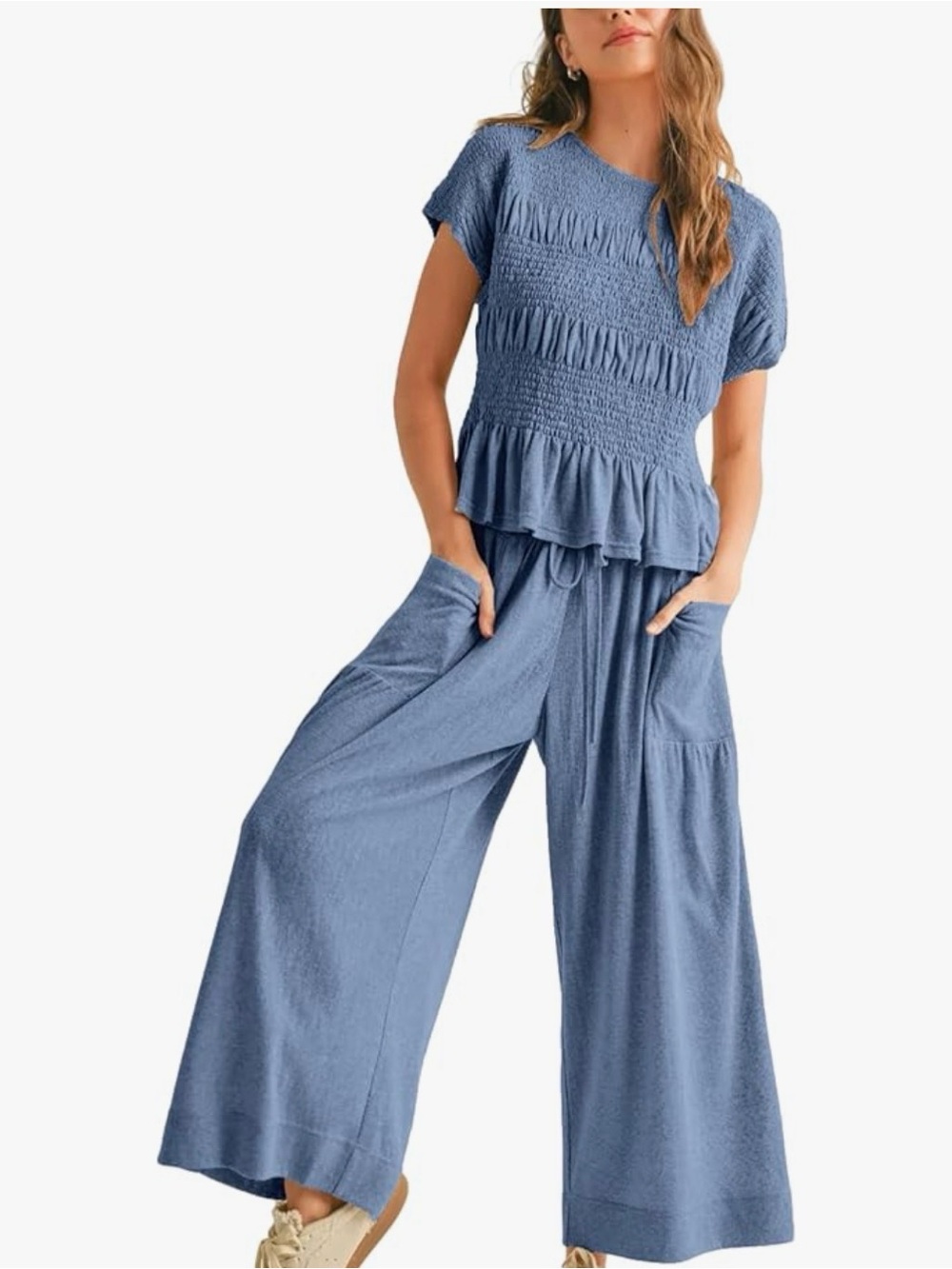 Blue Smocked Short-Sleeve Top & Wide-Leg Pants Set